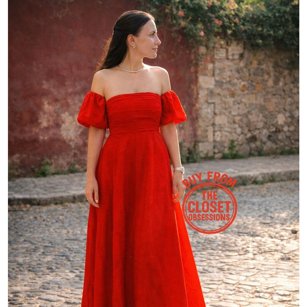 Mango Red Poplin Midi Dress NWT Off Shoulder Puff Sleeve Cotton Size 6 - Picture 4 of 16